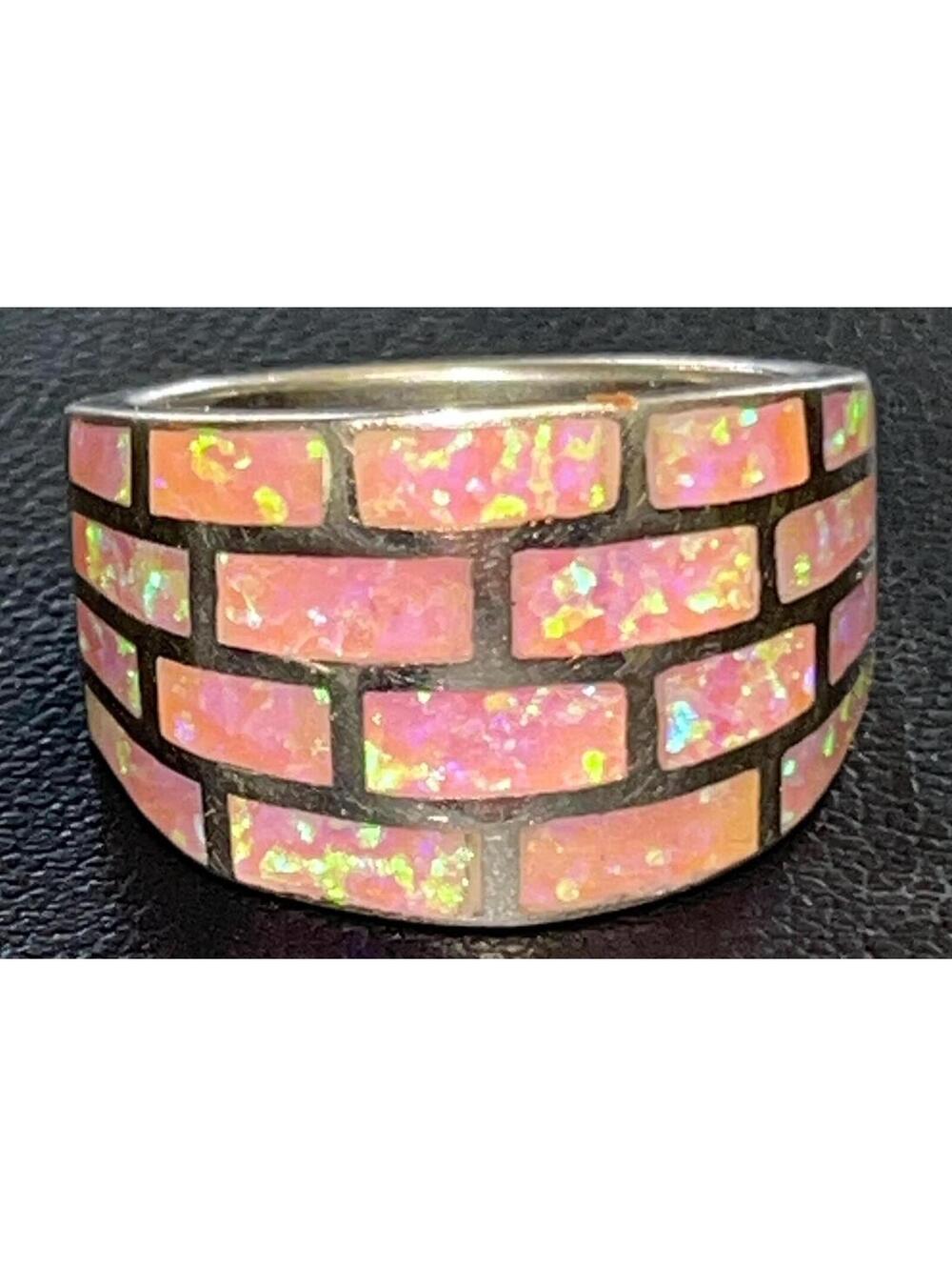 Southwestern style pink opal inlay multi stone sterling silver inlay ring size
